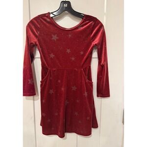 Gymboree Girls Red Velvet Glitter Star Dress Long Sleeve Pockets Size M 7-8